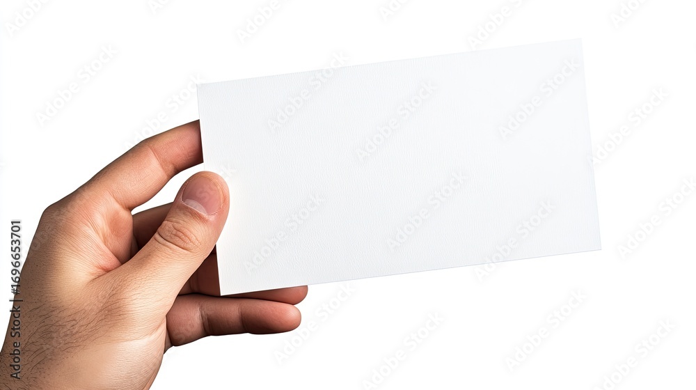 Fototapeta premium Hand holding blank white card on bright background