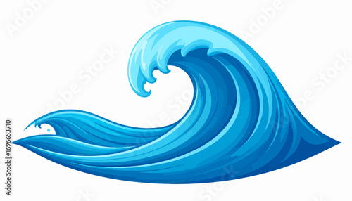 Dynamic vector illustration of a stylized blue ocean wave cresting in front of a bright golden sun, a clean symbol for summer, surfing, and travel