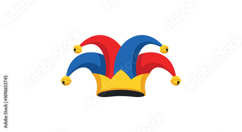 The colorful jester hat adorned with golden bells and red and blue flaps is a symbol of merriment and playfulness