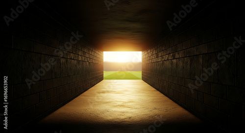 A dark tunnel with brick walls leads to a bright opening revealing a green field.