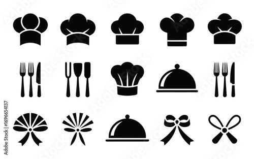Vector art of chef hat and kitchen utensil silhouettes, representing culinary arts, cooking, and restaurant industry elements