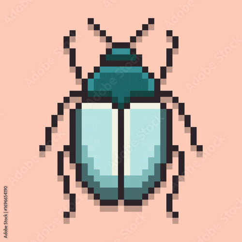 Retro pixel art style of beetle. This illustration features a top-down view of the insect with a shiny teal carapace and intricate legs. A perfect symbol for nature and entomology themes