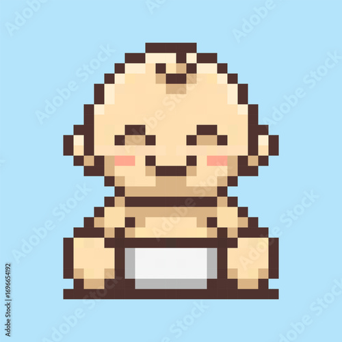 Adorable happy baby character in a retro pixel art style. This cute infant features a sweet, smiling expression and a diaper, making it a perfect symbol for childhood and new life
