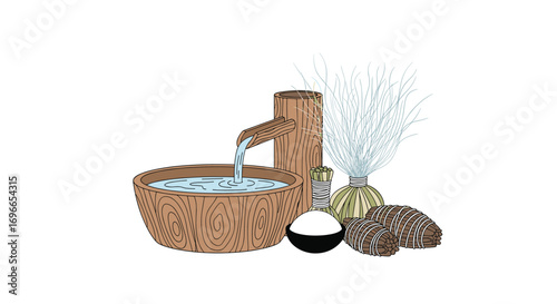 Natural hot spring water flowing into a rustic basin with aromatherapy ingredients