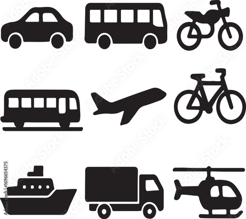 Set of Transportation Silhouettes – Vector Clipart Featuring Cars, Buses, Trucks, Trains, Airplanes, Ships & Bicycles