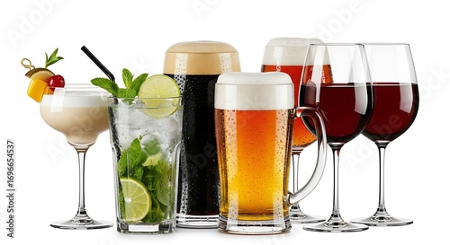 Assortment of refreshing alcoholic and non alcoholic drinks in glasses isolated on white background