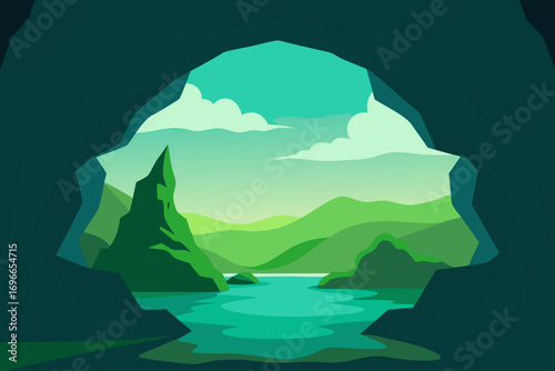 View of green mountains and water from a dark cave