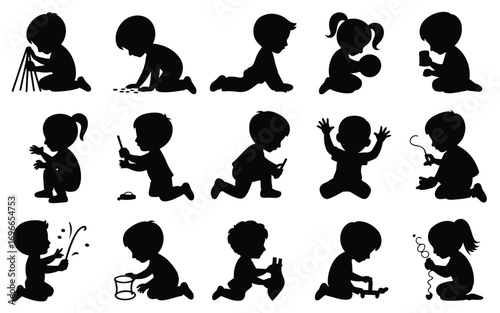 Vector art of silhouette of children playing with toys set of black and white vector illustrations of kids in various poses and activities