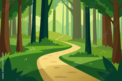 A winding path through a cartoon forest landscape