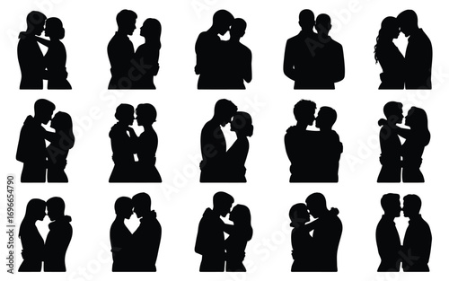 Vector art of romantic couple silhouette collection featuring various poses of lovers embracing and kissing, ideal for love and relationship themes