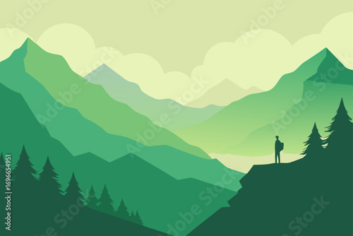 A silhouette hiker amidst green mountain ranges view