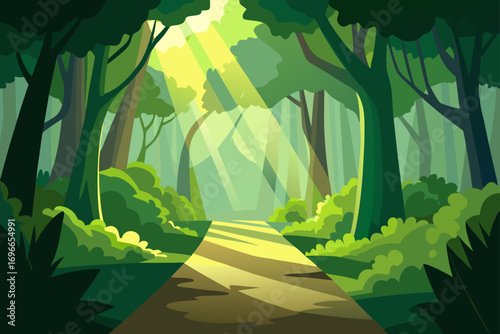 Illustration of a sunlit path through a green forest