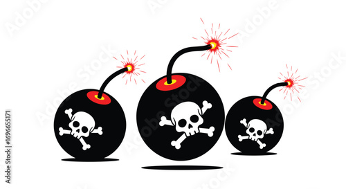 A group of round black bombs with burning fuses and skull symbols in white