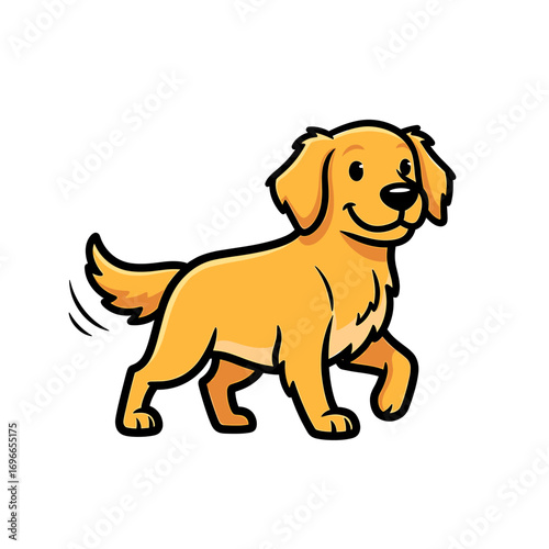 A cute cartoon golden retriever dog walking happily with its tail wagging, isolated on a clean white background.
