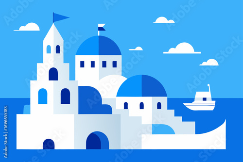 Santorini greece view with boat and blue sky scene