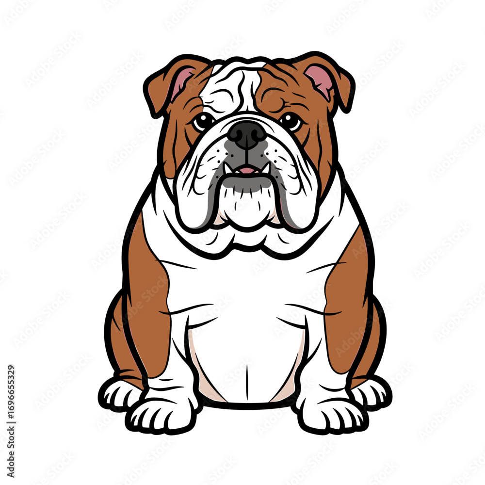 Obraz premium Cartoon illustration of a sitting English Bulldog with brown and white fur, looking forward.