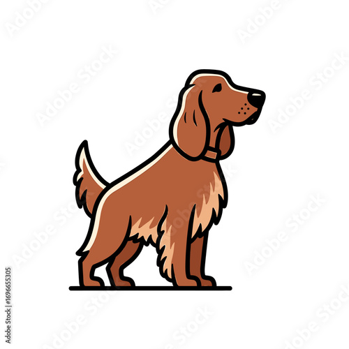 A stylized vector illustration of a friendly brown setter dog standing in profile on a white background.