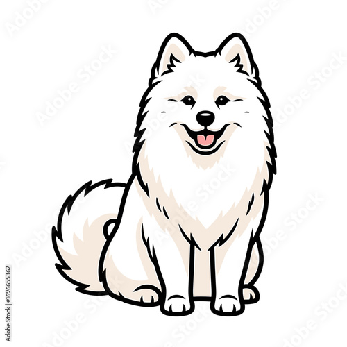 Create a detailed description, between 6 and 180 characters, without keyword lists.     *   "Cute cartoon white fluffy dog sitting and smiling with a happy expression.".