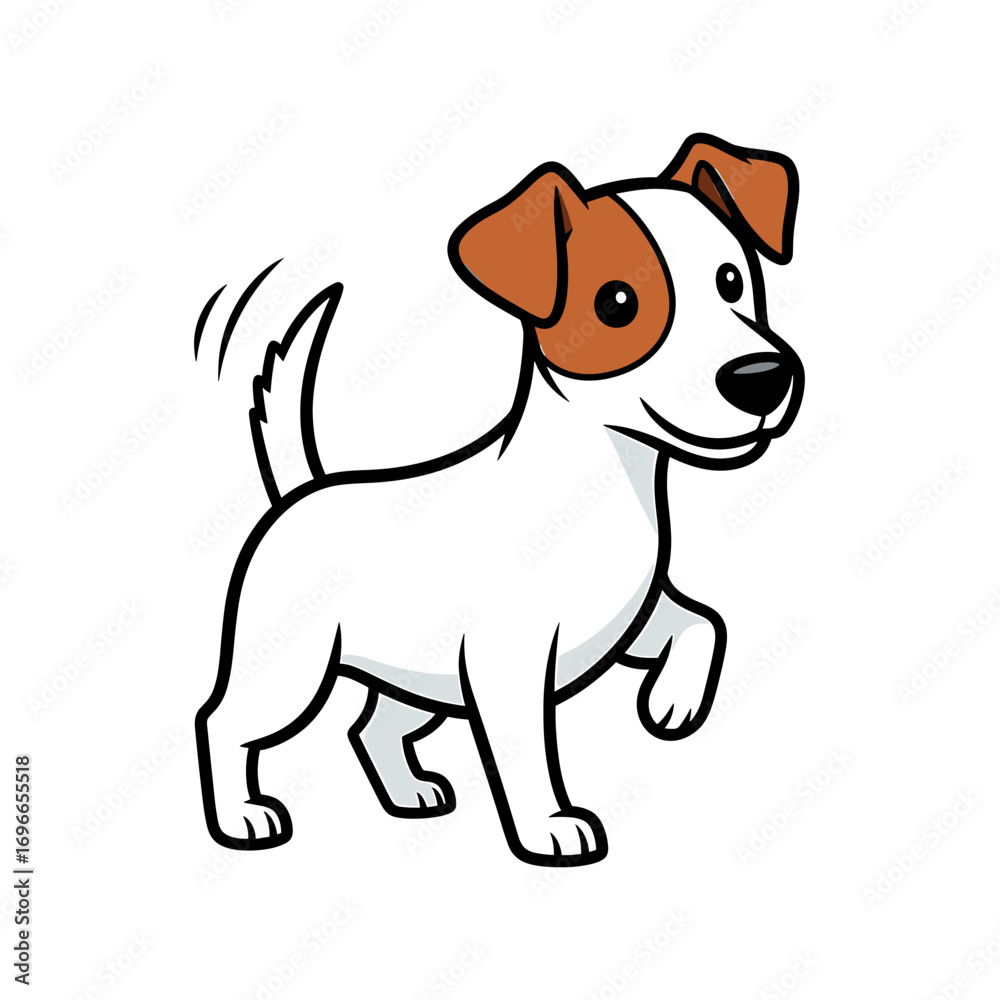 Fototapeta premium A cute cartoon illustration of a happy Jack Russell Terrier dog with white and brown markings, wagging its tail and lifting one paw.