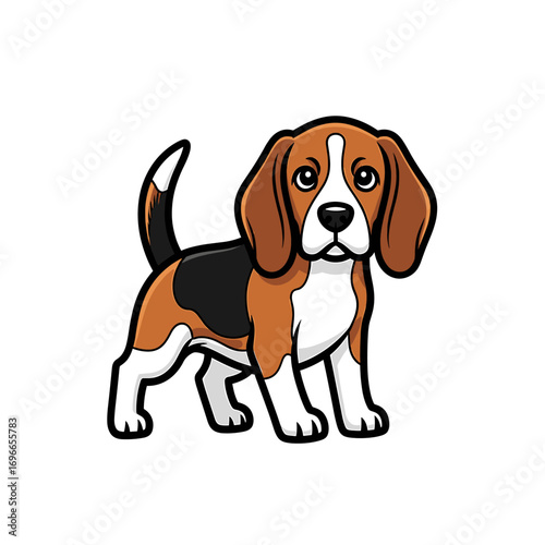 A cute cartoon illustration of a beagle puppy standing and looking forward with its ears flopped down.
