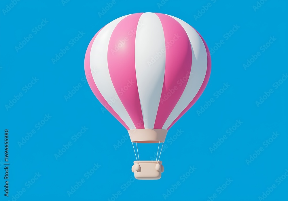 Fototapeta premium Whimsical Pink and White Striped Hot Air Balloon Floating in a Vibrant Blue Sky Illustration