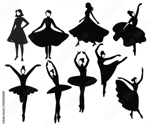 Woman Dancer Silhouettes Graceful Ballet Poses & Movements Vector Collection