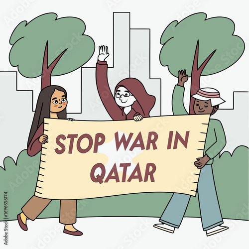 People advocating for peace by holding a banner that says "Stop War in Qatar" during a peaceful demonstration in the city