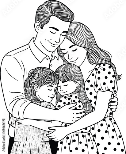 Vector illustration of a happy family hugging together, showing love, care, emotional bond, parent-child affection, perfect for family, love, and parenting themes.