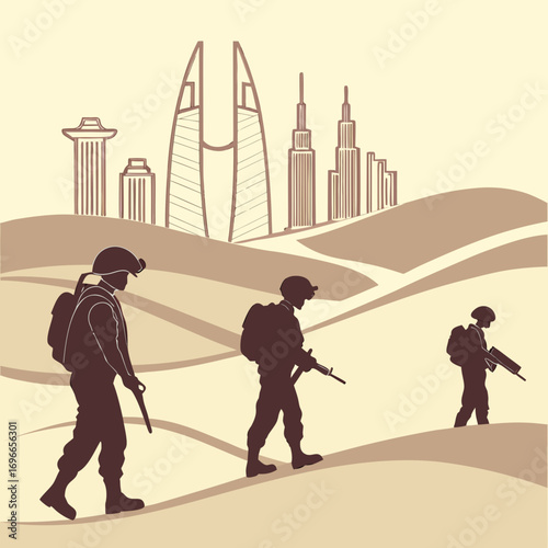 Soldiers patrolling desert landscape with modern city skyline in the background offering a conceptual image of military presence and urban security operations