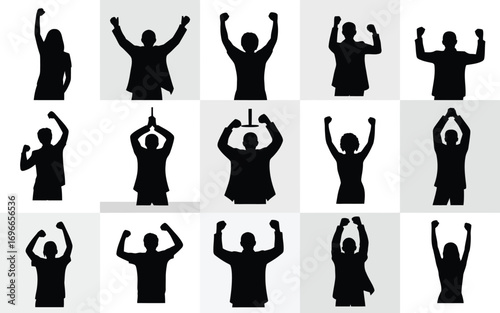 Vector art of silhouette collection of celebrating people with raised arms, symbolizing success, victory, and positive emotions