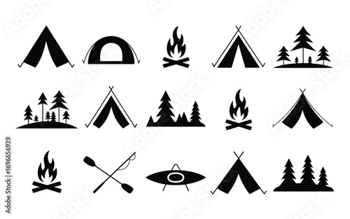 Vector art of collection of camping icons featuring tents, bonfires, trees, paddles, and a kayak, perfect for outdoor adventure and nature themes