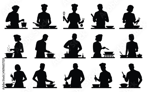 Vector art of silhouette of chef cooking set of black silhouettes of men and women cooking in different poses and actions with kitchen utensils