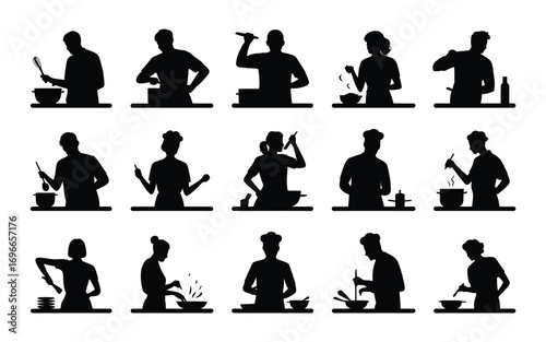 Vector art of silhouette of chef cooking food collection of diverse cooks preparing meals, stirring ingredients, and working in the kitchen in black and white