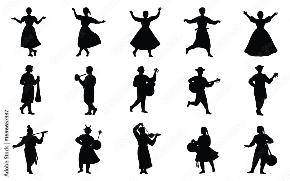 Obraz premium Vector art of silhouette collection of people playing traditional musical instruments and dancing, celebrating cultural heritage