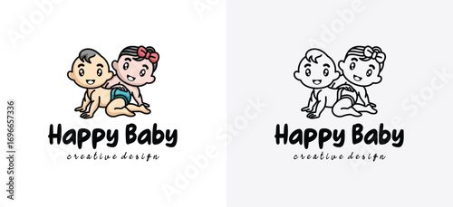 Vector logo of a baby boy and girl crawling together. Cute cartoon kids character symbol