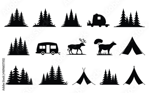Vector art of silhouette camping elements collection of vector illustrations with forest trees, deer, cow, tents and trailer for outdoor adventure design