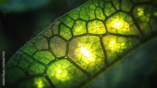 Chloroplasts glowing like solar panels absorbing light inside leaf tissue