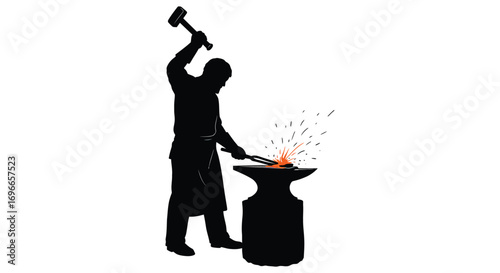 blacksmith forging metal with hammer sparks flying around