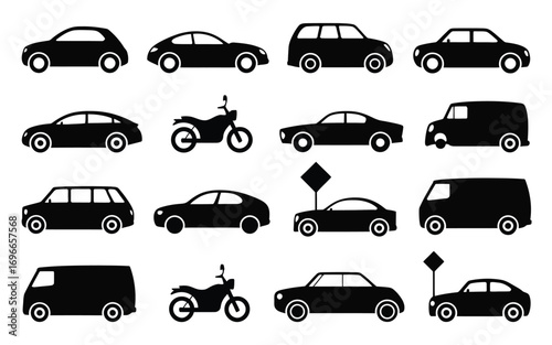 Vector art of silhouette vehicle collection of vector illustrations with car, motorcycle, van for transportation and automotive design