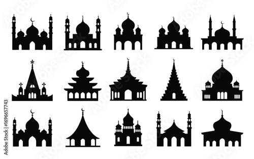 Vector art of silhouette of various religious buildings, showcasing diverse architectural styles and cultural significance in a simple, elegant design