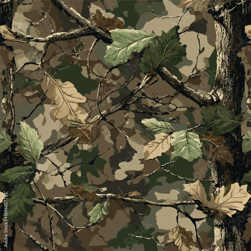 Vector real tree hunting camouflage seamless pattern texture. Camo pattern, hunting seamless pattern. hunting camo. Vector camouflage