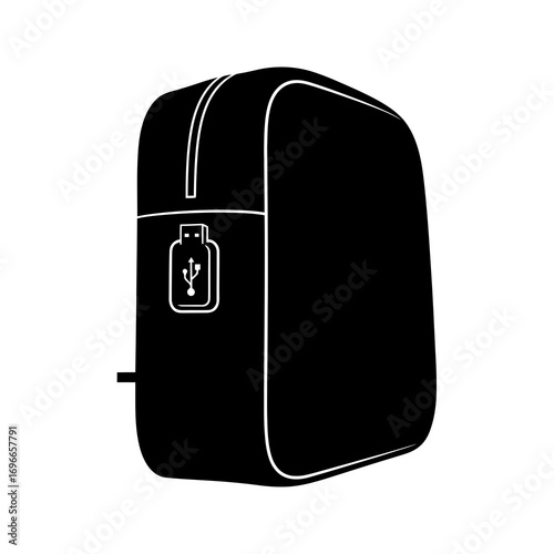 Black usb power adapter with white outline and symbol