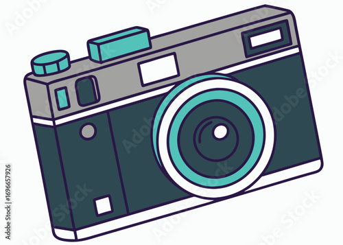Vector art of a retrostyle camera with a teal lens and viewfinder, depicted in a simple, flat illustration style with a