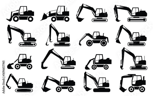 Vector art of a collection of construction equipment silhouettes, featuring excavators, bulldozers, and loaders in various poses and angles for design elements
