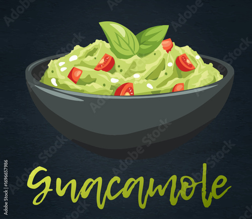 A bowl of guacamole with tomatoes and basil on a black background cartoon vector icon. Exquisite guacamole dish beautifully arranged with fresh tomatoes and basil on a sleek black platter