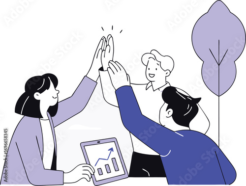 Teamwork high five vector illustration celebrating business success and collaboration white background