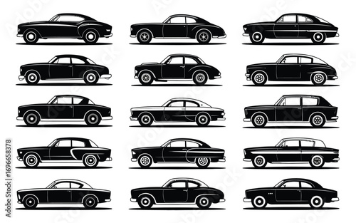 Vector art of collection of vintage cars showcasing classic automotive designs, perfect for transportation enthusiasts and historical vehicle illustrations