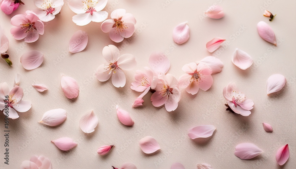 Obraz premium cherry blossom scatter soft pink petals drifting randomly on ivory airy organic repeat