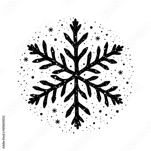 Hand-drawn black Christmas snowflake with scattered dots on white background.