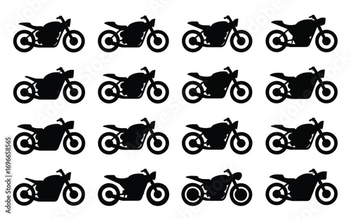 Vector art of a dynamic collection of motorcycle silhouettes, , captures the essence of speed, freedom, and adventure in a visually striking and energetic composition
